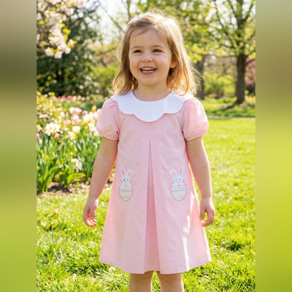 Charming Pink & White Kids Dress with Bunny Applique Sz 3/4